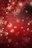 AI Generative red christmas background with white snowflakes sparkles beams of light and copy space for text photo