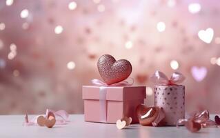 Happy Valentines Day banner. Pink and gold hearts foil balloons with gifts on pink bokeh. Valentine's Day background. Romantic banner Background, empty space for text,  AI Generative photo