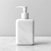 Cosmetic rounded all white soap bottle mockup on white table. AI Generative photo