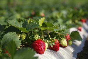 Bush of ripe organic strawberries in the garden. Berry closeup. Generative AI photo