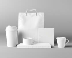 blanco bolsa, café taza, y taza en un ligero antecedentes. generativo ai foto