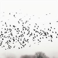 a flock of birds flying across a white sky photo