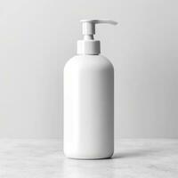 Cosmetic rounded all white soap bottle mockup on white table. AI Generative photo