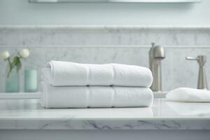 the world's softest towels against a minimalistic background. Stacked white towels sit on top of a soap dish in a bathroom. AI Generative photo