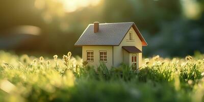 A Home for the Future. A Small Model Home in the Sunlight. Copy space of home and life concept. AI Generative photo