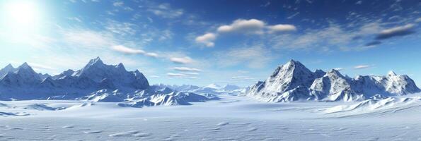 vasto desolado nieve tierra, grande montañas en el fondo, nevada con ligero azul cielo y ligero azul colores, pacífico atmósfera, ai generativo foto
