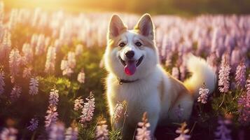 Charming corgi dog with flowers in the spring. Generative AI photo