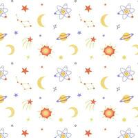 Space pattern, seamless background for textiles, packaging and children's bedding. Cosmic pattern in the style of flat, planets and comets, stars and galaxies. vector