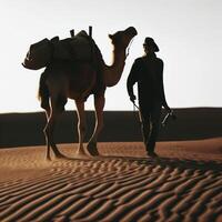 Man walking with a camel in the desert. AI Generative photo
