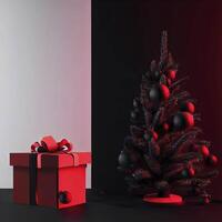 Christmas tree with gift box and ornaments in red or black composition for modern stage display and minimalist mockup. AI Generative photo