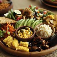 vegetariano almuerzo en de madera plato con variedad. ai generativo foto