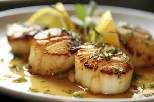 Closeup of pan seared diver scallops with lemon beurre blanc. Generative AI photo