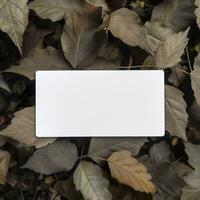 Blank business card on green leaves background. Generative AI photo