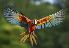 Flying macaw, beautiful bird. Generative AI photo