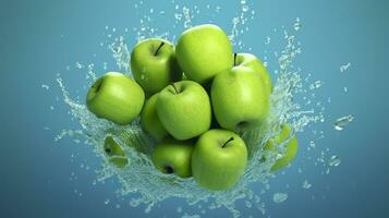 Fresh green apples fall into the water with a splash on blue background. Generative AI photo