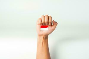 hand holding ribbon red white flag of Indonesia independence day August 17th  isolated on white background photo