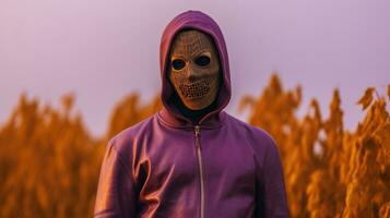 a man with purple hoodie with mask face covered for halloween photo