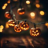 a string of halloween lights with jack'o lanterns hanging from them photo