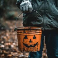 a person holding a bucket with a jack'o lantern painted on it photo