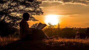 a silhouette of a person reading a book photo