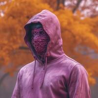 a man with purple hoodie with mask face covered for halloween AI Generative photo