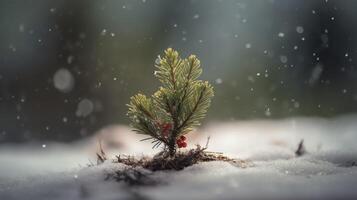 ai generativo pequeño Navidad árbol sentado en el nieve foto