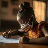 a young girl wearing a face mask writing on a piece of paper AI Generative photo