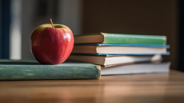 a stack of books with an apple on top of them photo