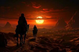 camello procesión en Desierto preguntarse, caminando en laminación arena dunas, estrella sendero fotografía. ai generativo foto