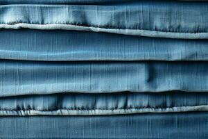 Blue denim background with a seam. Light blue color denim jeans fabric texture. Copy space for text. AI generative photo