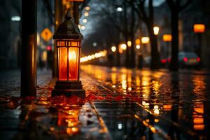 Warning lamp in the street at night. Red alert lamp or warning indicator. AI generative photo