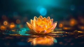 a yellow flower floating on top of a lake photo