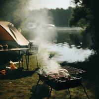 Barbecue on the lake Camping in the summer. AI Generative photo