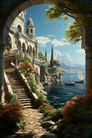 A beautiful painting of a graceful openwork arch leading to the sunny medieval harbor where beautiful graceful sailboats stand. AI generative photo