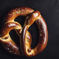 Homemade freshly baked soft pretzel on black backround. Traditional Bavarian pretzels for Octoberfest. Top view, copy space. AI Generative photo