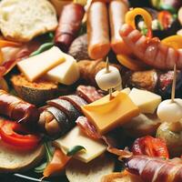 Assorted spanish tapas with fish, sausage, cheese and vegetables. AI Generative photo