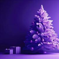 Christmas tree with gift box and ornaments in purple or violet composition for modern stage display and minimalist mockup. AI Generative photo