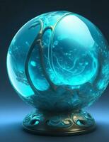 glass ball surrounded by cyan liquid metal illustration photo