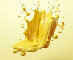 Cheese sauce splashing in the air with cheddar cheese, 3d rendering. Generative AI photo