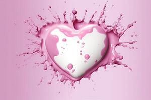 Pink heart shape milk splash, romantic food symbol for Valentines day, AI Generative photo