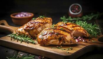 Closeup of tasty roast chicken breast served on wooden board. Grilled chicken. Generative AI photo