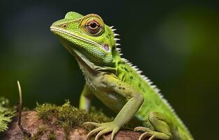 bronchocela cristatella, además conocido como el verde crestado lagarto. generativo ai foto