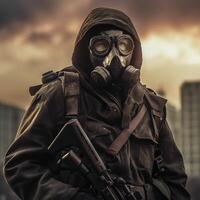 AI Generative a man in a gas mask holding a rifle with apocalypse vibes photo