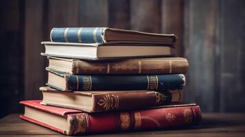 ai generativo un apilar de libros sentado en parte superior de un mesa foto