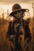 a scarecrow on wheat fields AI Generative photo