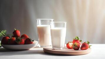 glass of milk and strawberries on a table photo