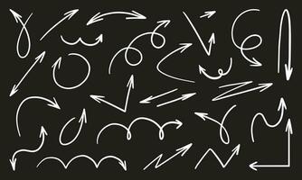 Arrows vector icons set. Hand drawn freehand different curved lines, swirls arrows. Set simple arrows isolated on black background. Drawing white chalk smears on a black school board. Doodle.