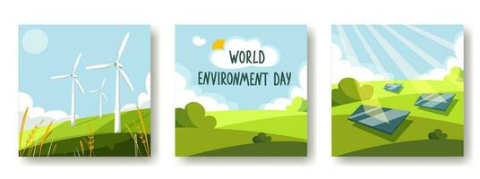 A set of cards on the theme of World Environment Day, alternative energy, ecology, nature. Global Wind Day.Solar energy panel. Nature with good weather. Vector illustration.