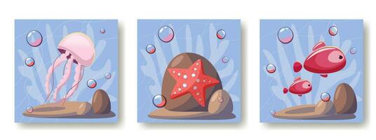 A set of postcards on the theme of World Ocean Day, the protection and conservation of the world's oceans, water and ecosystems. Postcards with images of fish, starfish and jellyfish. vector