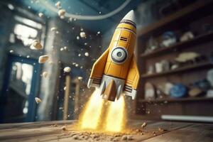Toy rocket takes off business and finances success concept. AI Generative photo